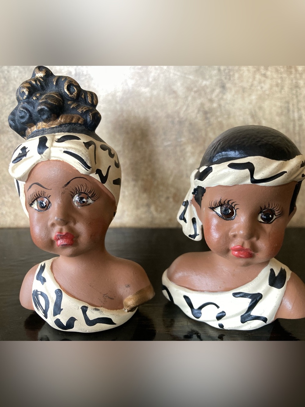 Signed Hand Painted African American Girl Busts Cute Boho Decor Collectible Art